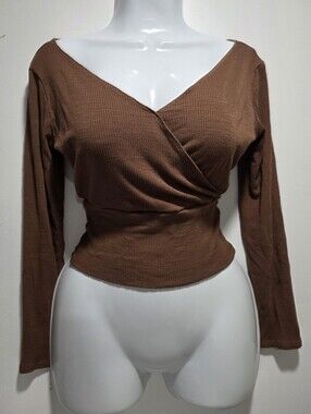 böhme Women's Brown Ribbed Wrap-Front Long Sleeve Top Size-Medium